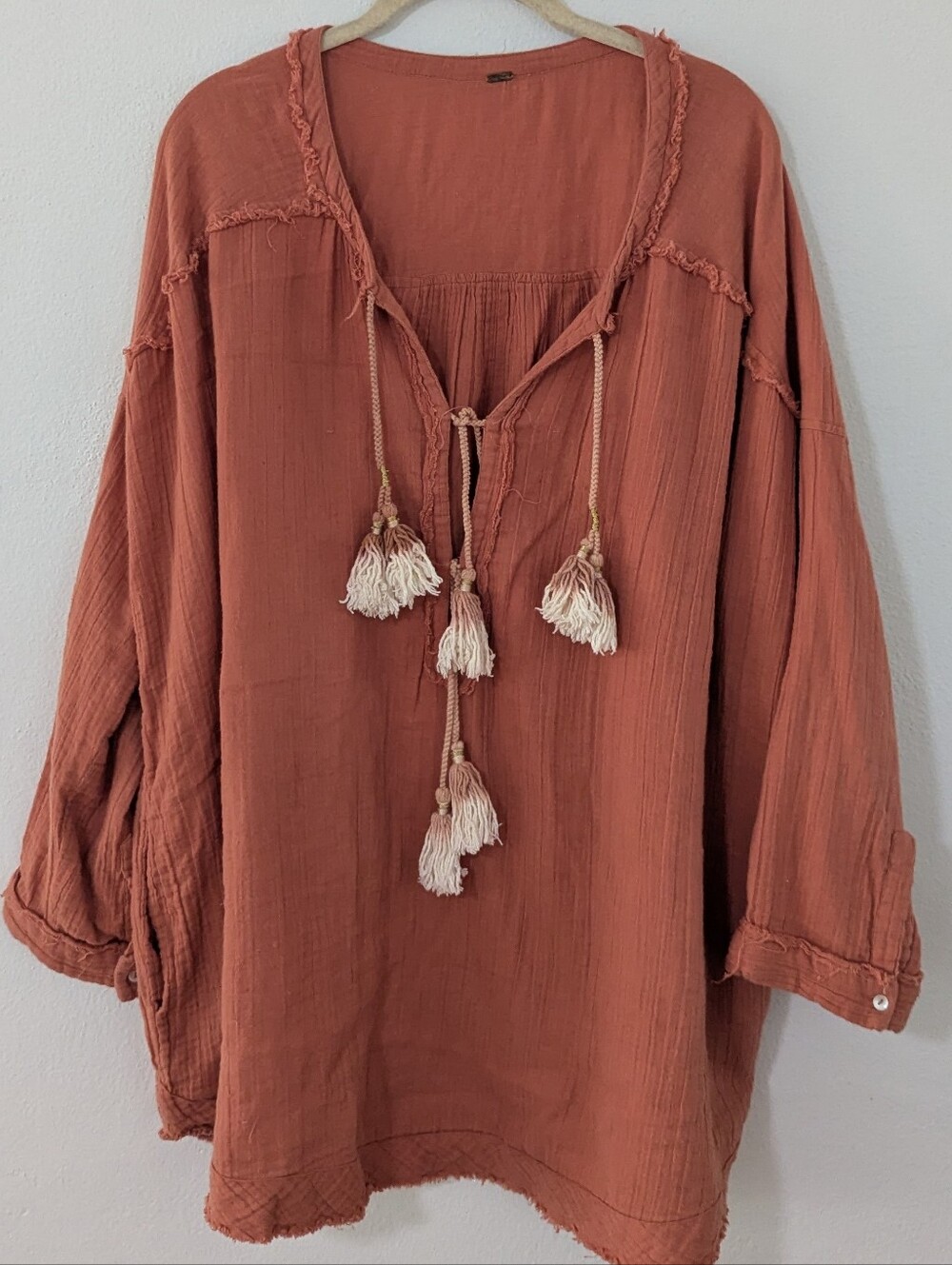Free People Gauzy Plunge Neckline Tassel Tie Neck Oversized Orange Medium M